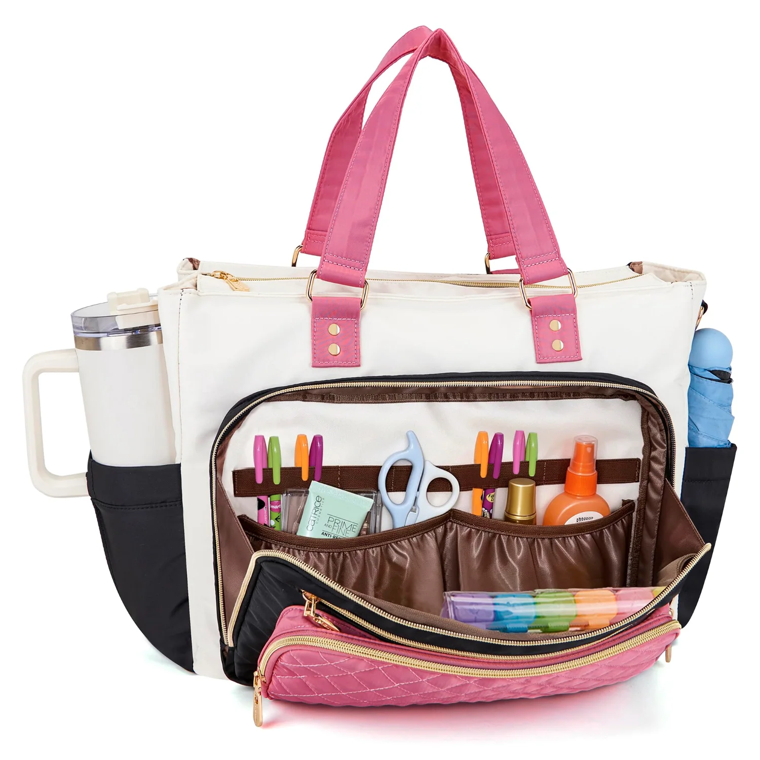 Soperwillton Four-Piece Work Tote with Laptop Sleeve, Beige / Black / Pink