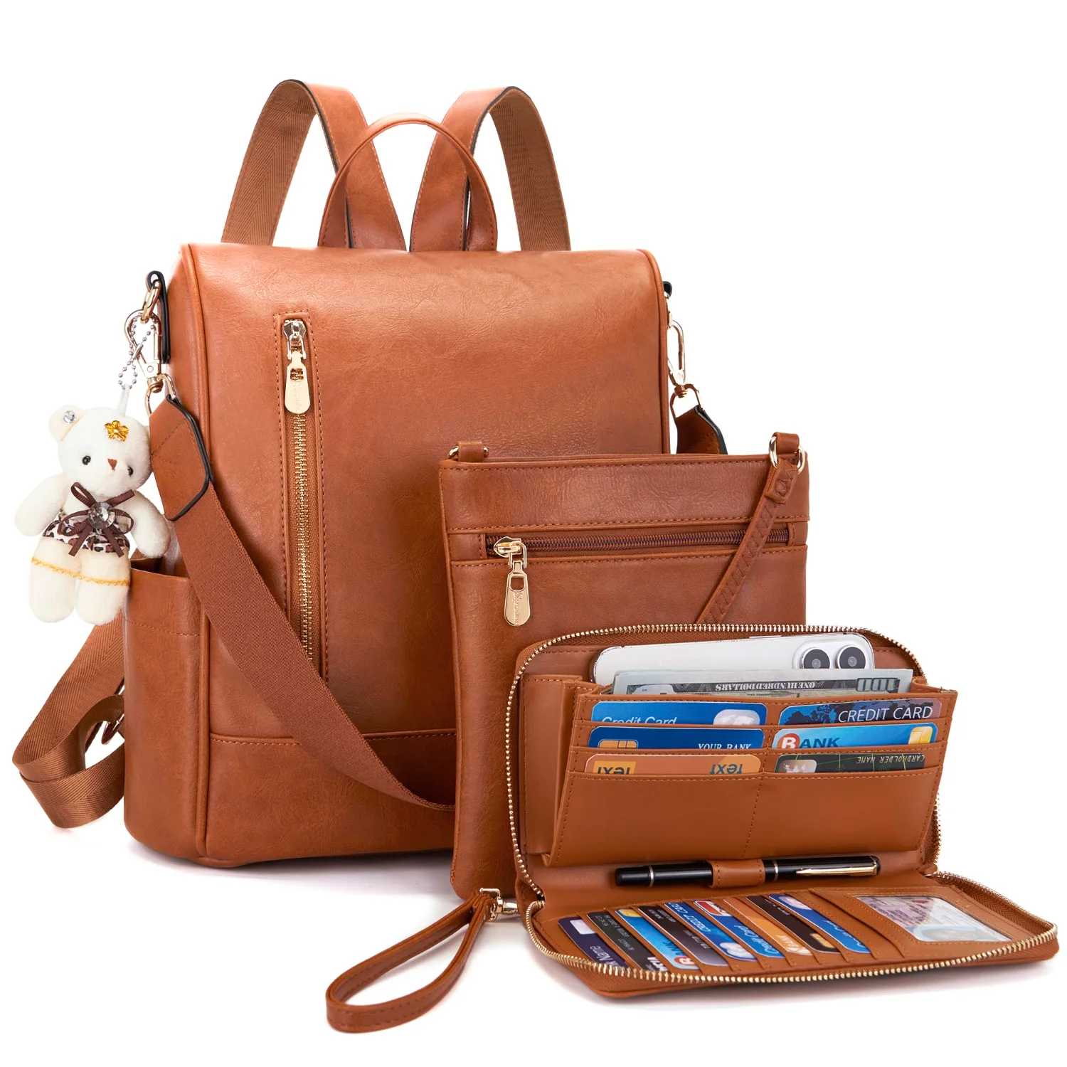 Soperwillton Three-Piece Anti-Theft Backpack Set, Brown