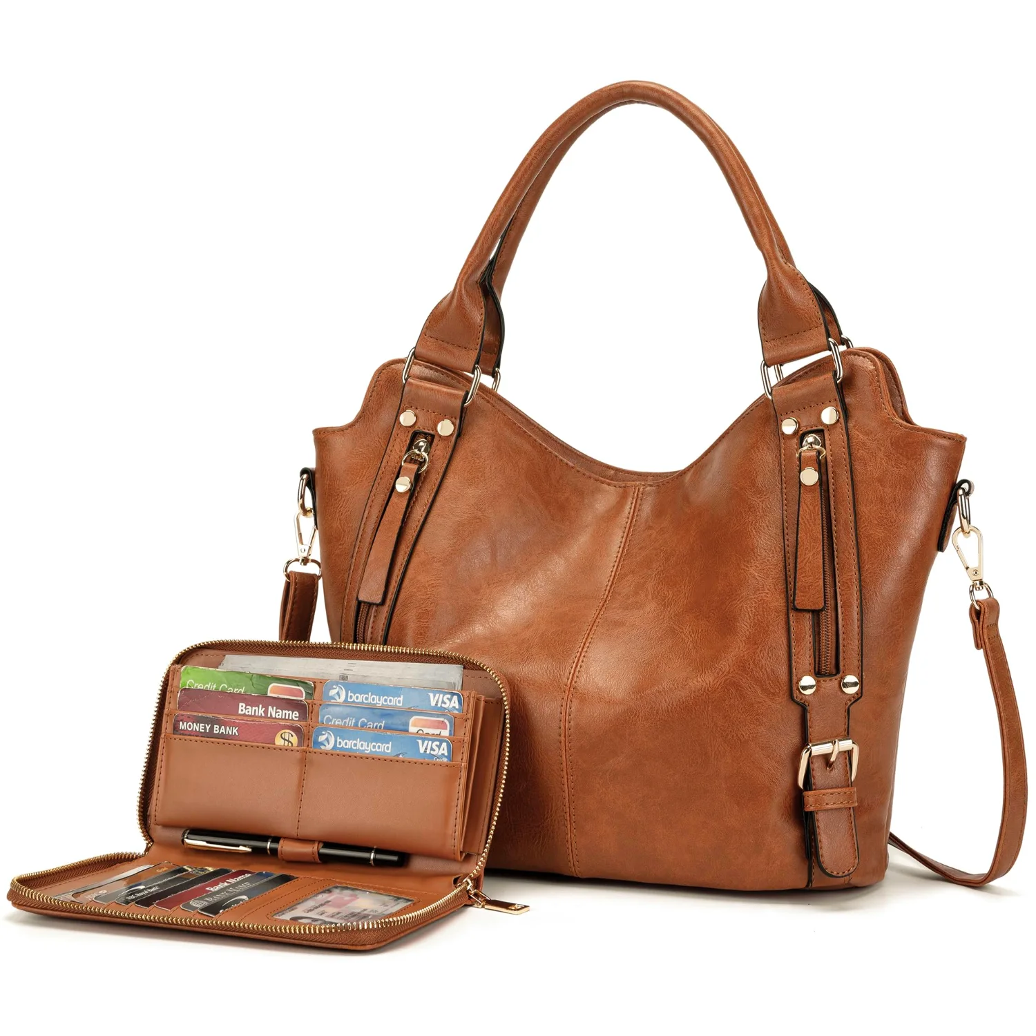 A two-piece crossbody hobo set in brown faux leather