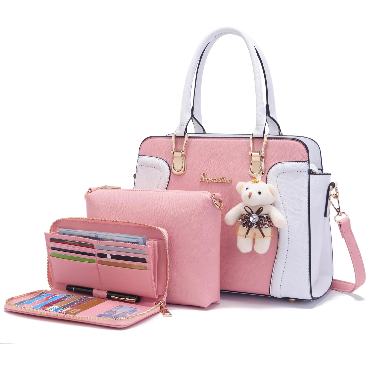 The three-piece satchel set with its pouch and wallet